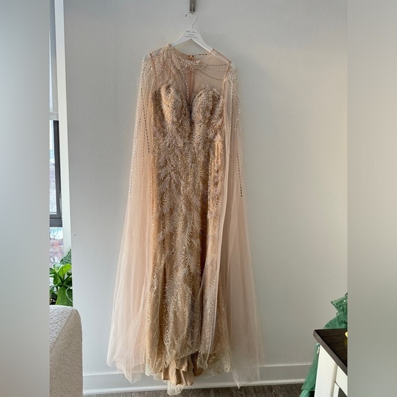 LARA Long Cape Beaded Gown in Champagne/Ivory 6 - Picture 2 of 11